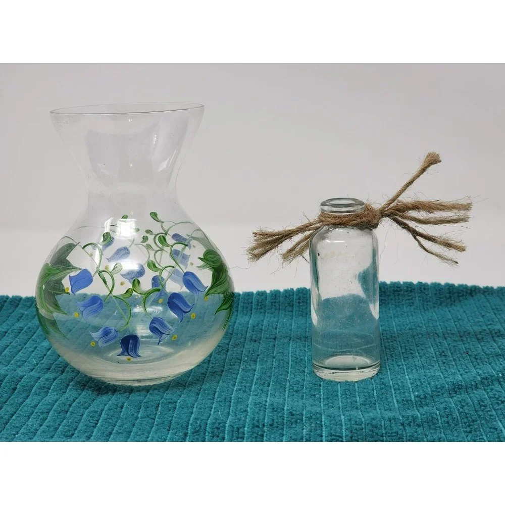 1 Hand Painted Small Vase Flowers Bluebells Leaves‎ 1 Small Bud Vase/Bottle